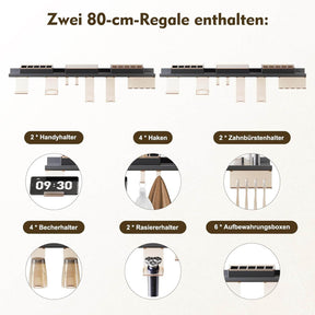 SONNI Badezimmerspiegel mit Beleuchtung 80x60 cm, LED Badspiegel mit Ablage , 3 einstellbare Lichtfarbe + Anti-Beschlag + Touchschalter, Ablage mit Handyhalter + Haken + Zahnbürstenhalter