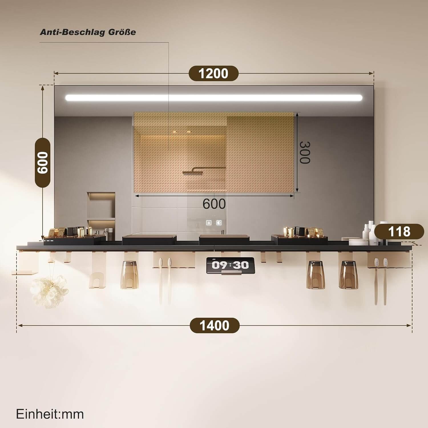 SONNI Badezimmerspiegel mit Beleuchtung 120x60 cm, LED Badspiegel mit Ablage, 3 einstellbare Lichtfarbe, Anti-Beschlag Wandspiegel mit Touchschalter