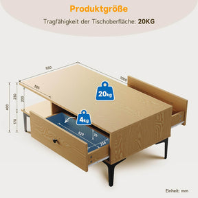 SONNI Couchtisch, Wohnzimmertisch, Kaffeetisch, mit 2 Schublade und 2 offener Fach, modern Holzmöbel für Wohnzimmer, Büro, Schlafzimmer, 100 x 55 x 40 cm, Holzfarbe, Platzsparend, Einfache Montag