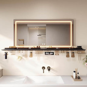 SONNI LED Badspiegel 120x60cm + Ablage, Touch Spiegel mit Beleuchtung, 3 Lichtfarben, Anti-Beschlag & Memory, Ablage mit Handyhalter + Haken + Zahnbürstenhalter + Becherhalter