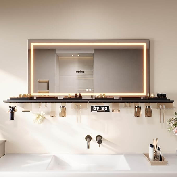 SONNI LED Badspiegel 120x60cm + Ablage, Touch Spiegel mit Beleuchtung, 3 Lichtfarben, Anti-Beschlag & Memory, Ablage mit Handyhalter + Haken + Zahnbürstenhalter + Becherhalter