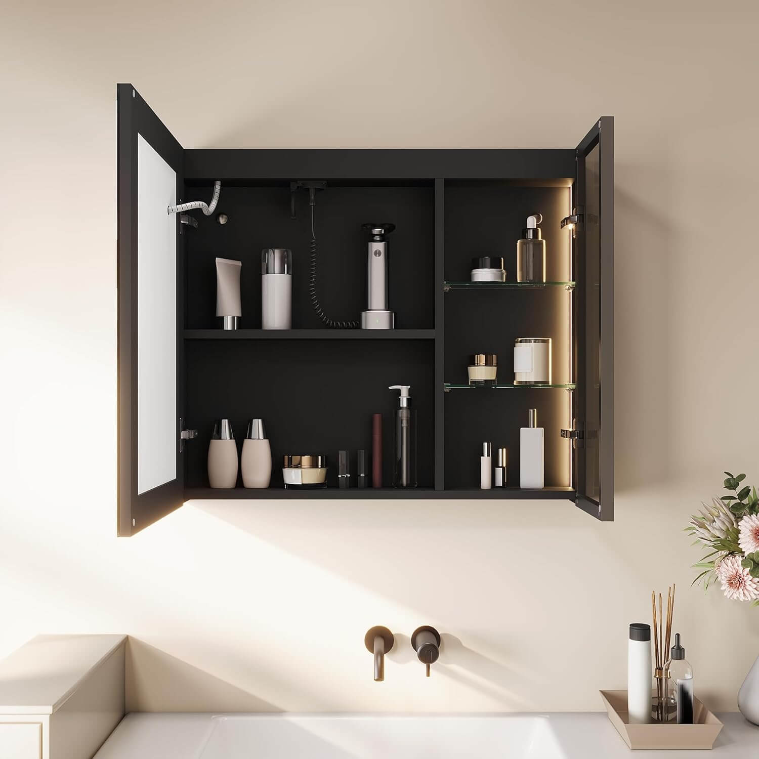 SONNI Spiegelschrank Bad mit Beleuchtung LED Spiegelschrank mit Glasvitrine und Ambientebeleuchtung, Glasboden, Anti-Beschlag, Steckdose, 3 Lichtfarben, Dimmbar, Vollständig Montiert