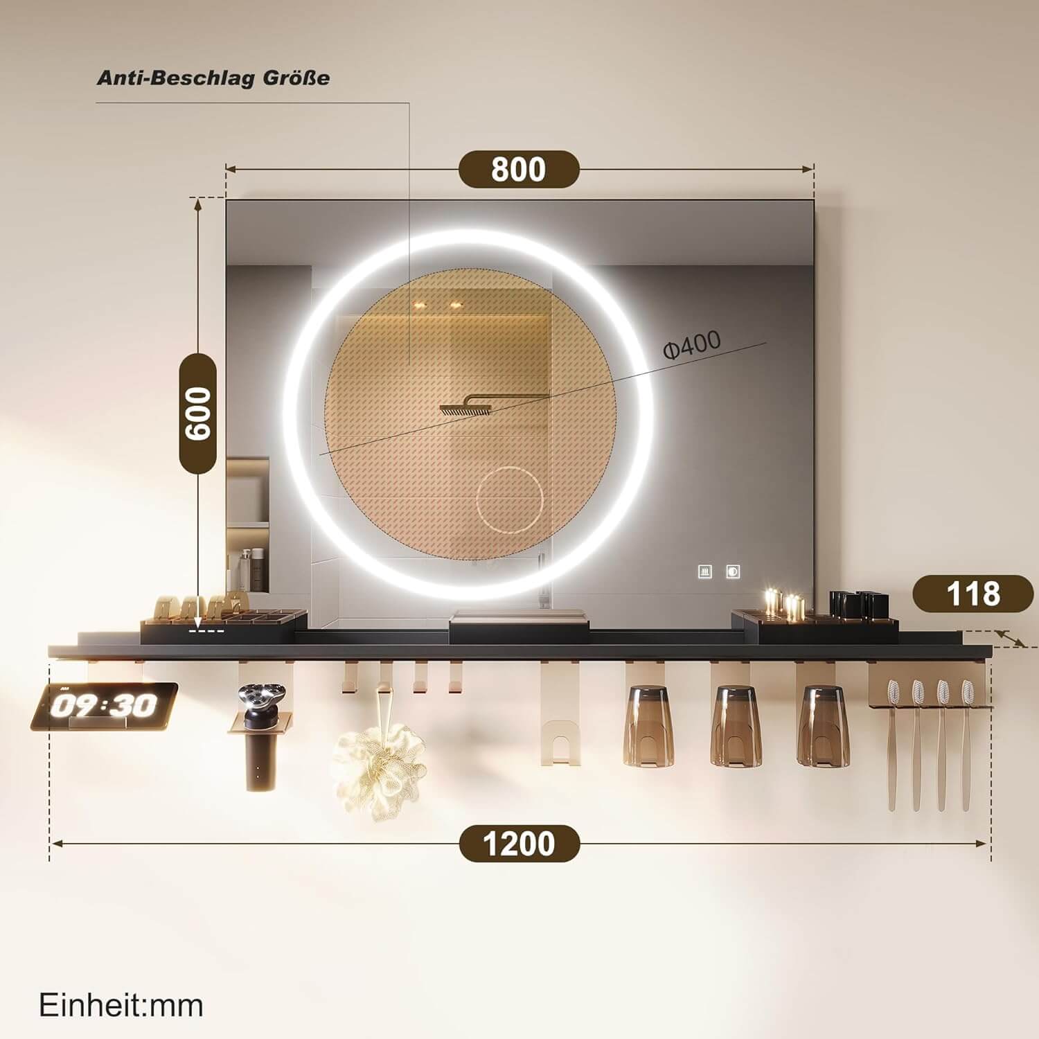 SONNI Badezimmerspiegel mit Beleuchtung 80x60 cm, LED Badspiegel mit Ablage , 3 einstellbare Lichtfarbe + Anti-Beschlag + Touchschalter, Ablage mit Handyhalter + Haken + Zahnbürstenhalter