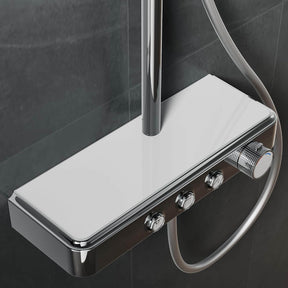 SONNI Duschsystem mit Thermostat (KTW/WRAS) Chrom - Kindersicherung, Französisches Ventil, 360° Drehbarer Runder Kopfbrause (1 Strahlart), Handbrause (3 Strahlarten), Brausestange aus Runde, 38°C, ABS