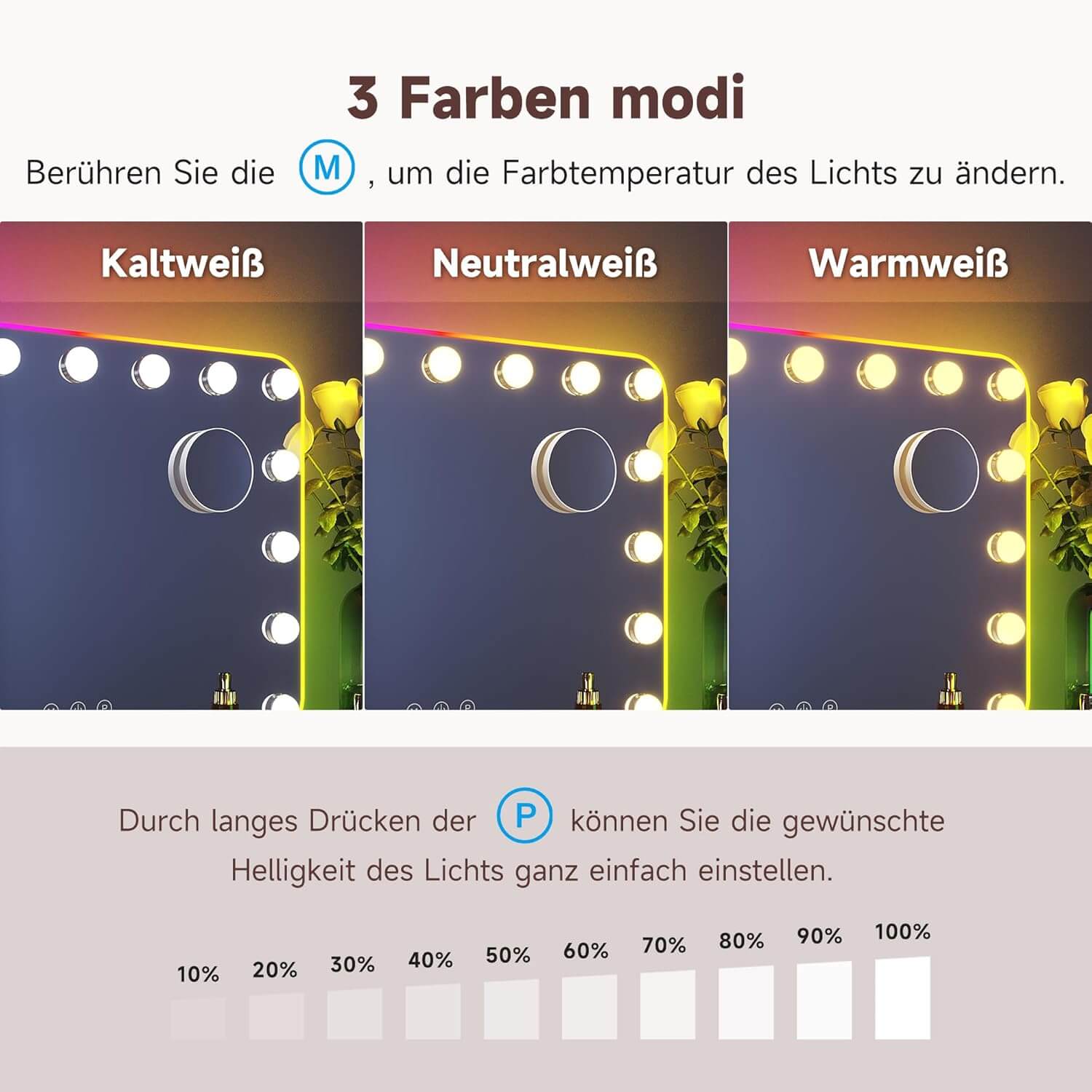 SONNI  Hollywood Spiegel mit RGB Beleuchtung Schminkspiegel mit 3 Farbtemperatur Licht und 10X Abnehmbare Lupe, Wandspiegel, Tischspiegel 58x43cm - Sonni Sanitär GmbH