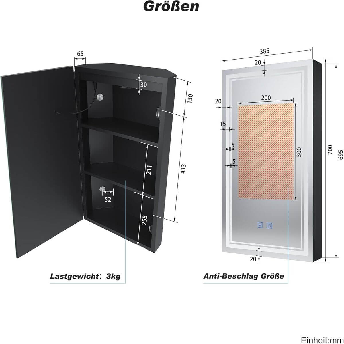 SONNI Badspiegelschrank mit Beleuchtung und Ablage, LED-Eckschrank mit Steckdose, Dimmbar, 3 Dimmbare Farben Nebelfreier Bad-Wandschrank, Mattschwarzer Medizinschrank - Sonni Sanitär GmbH