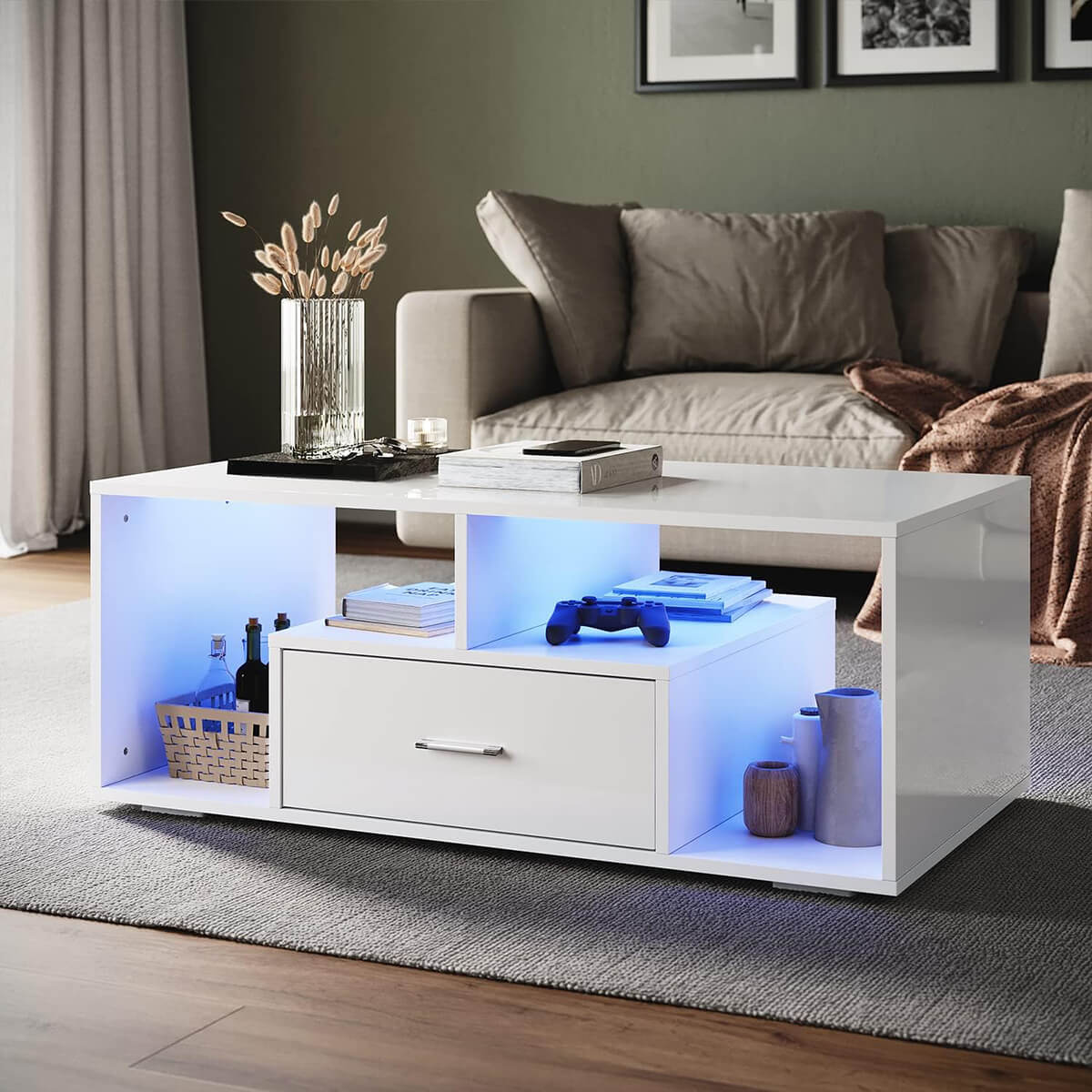 SONNI Couchtisch Hochglanzfront mit LED-Leuchten in 12-Farben und Ablagefach - Sonni Sanitär GmbH