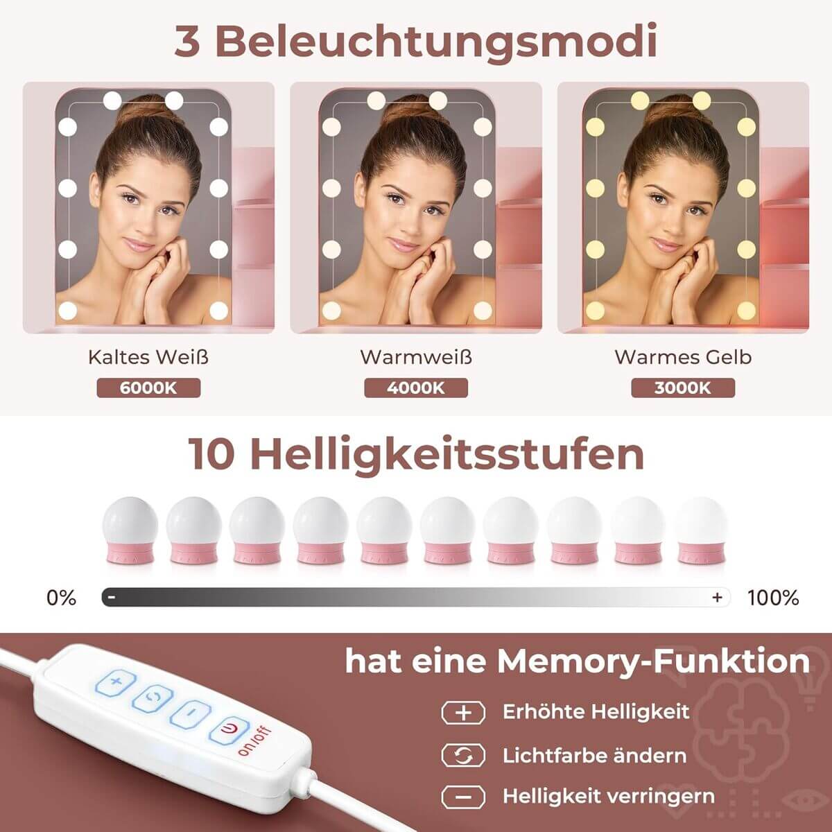 SONNI Schminktisch, Frisiertisch, Kosmetiktisch, mit LED-Beleuchtung Spiegel, a Schubladen und 3 offenen Fächern, 10-Lichtern, 3 Farben, 10 Einstellbarer Helligkeit für Make-up, Rosa, 70x40x140cm