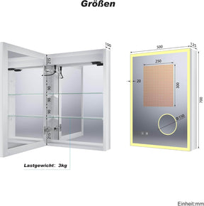 SONNI LED Spiegelschrank Bad mit 3-fache Vergrößerungsspiegel und Steckdose 70 x 50 cm, Aluminum Spiegelschrank mit Touch-Schalter, 3 Lichtfarben + Defogging, IP44 wasserciht - Sonni Sanitär GmbH