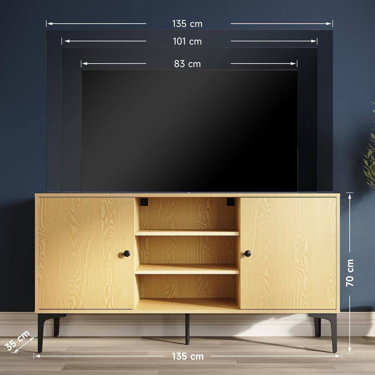 SONNI TV-Schrank, Fernsehtisch, TV-Regal, Lowboard für TV 60 Zoll, mit 2 Schränken, 3 offenen Fächern, 2 Kabellöcher, Metallfüße, für Wohnzimmer, Esszimmer und Schlafzimmer,135x35x70cm, Holzfarbe