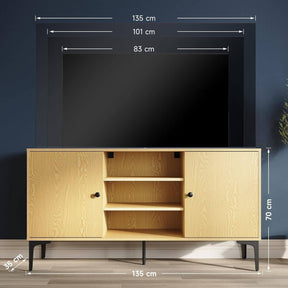 SONNI TV-Schrank, Fernsehtisch, TV-Regal, Lowboard für TV 60 Zoll, mit 2 Schränken, 3 offenen Fächern, 2 Kabellöcher, Metallfüße, für Wohnzimmer, Esszimmer und Schlafzimmer,135x35x70cm, Holzfarbe