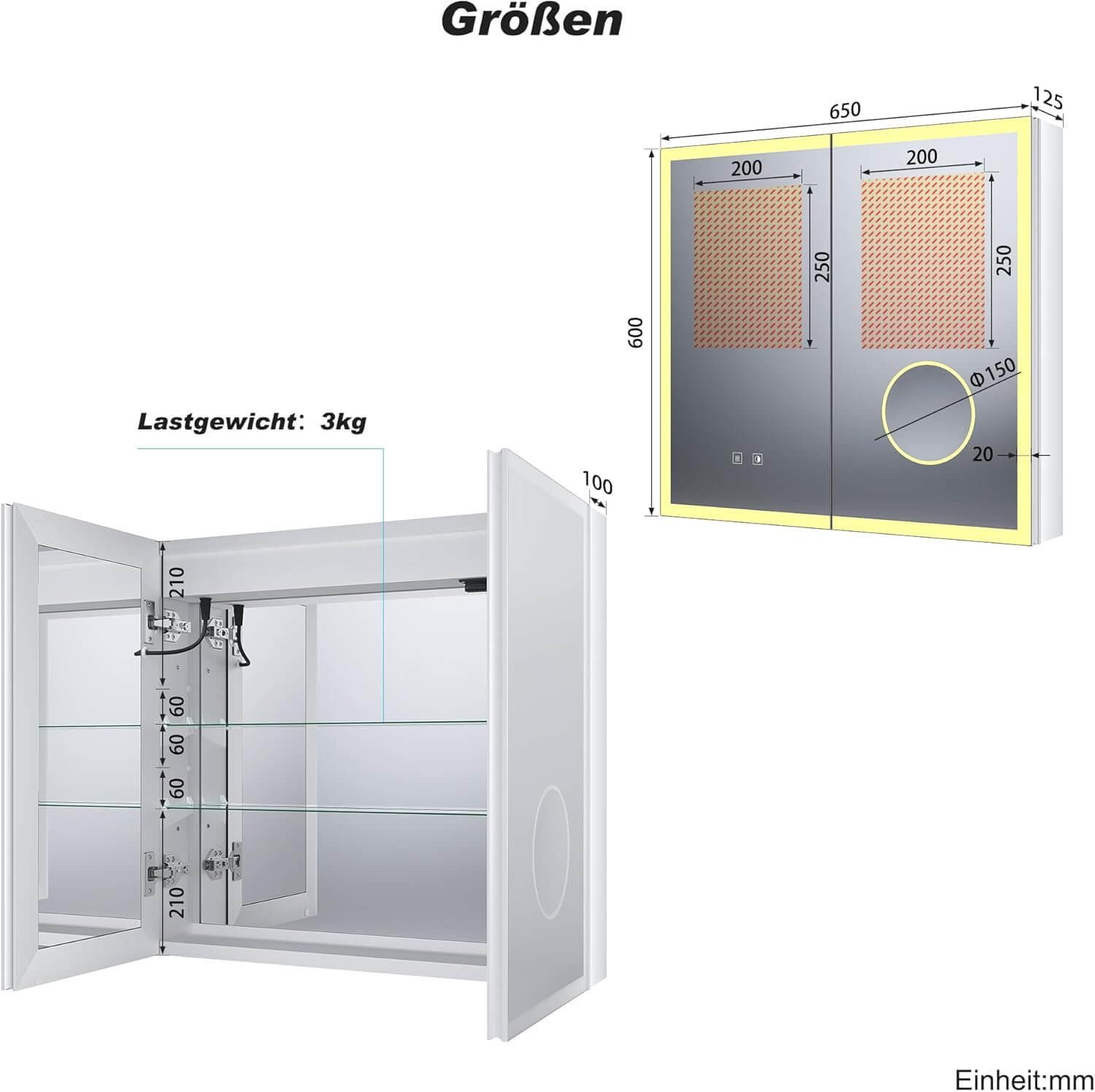 SONNI LED Spiegelschrank Bad mit 3-fache Vergrößerungsspiegel und Steckdose 65 x 60 cm, Aluminum Spiegelschrank mit Touch-Schalter, 3 Lichtfarben + Defogging, IP44 wasserciht - Sonni Sanitär GmbH