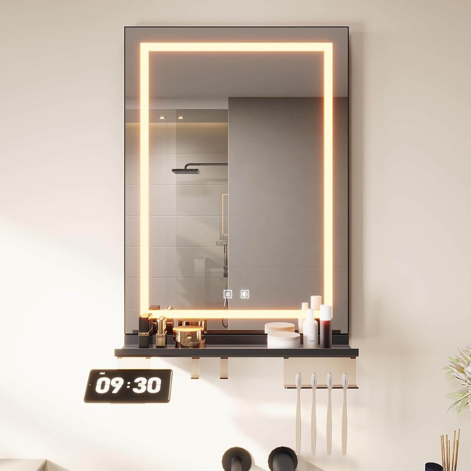 SONNI Badspiegel mit Beleuchtung 50x70cm mit Ablage, Touch Badezimmerspiegel 3 Lichtfarben, Anti-Beschlag & Gedächtnisfunktion