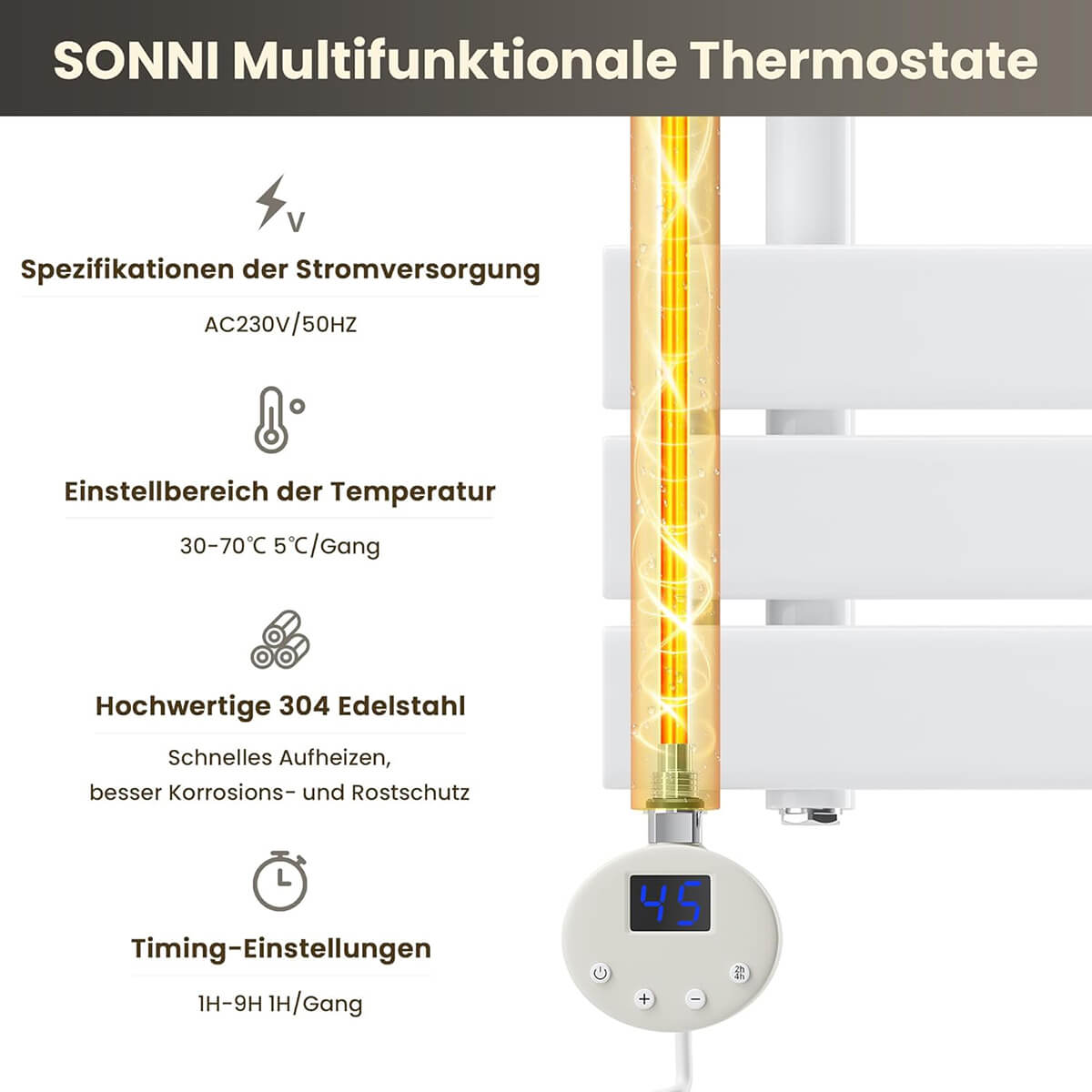 SONNI Heizstab mit Thermostat Weiß, elektrischer Heizstab für Badheizkörper Heizelement für Heizung, Heizrohr aus Edelstahl mit Temperaturregler - Sonni Sanitär GmbH