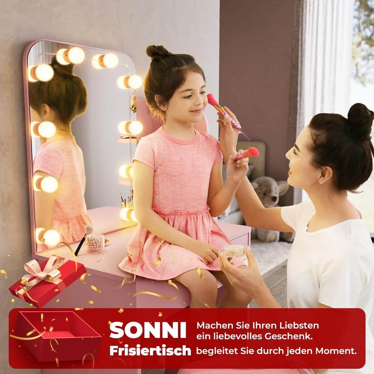 SONNI Schminktisch, Frisiertisch, Kosmetiktisch, mit LED-Beleuchtung Spiegel, a Schubladen und 3 offenen Fächern, 10-Lichtern, 3 Farben, 10 Einstellbarer Helligkeit für Make-up, Rosa, 70x40x140cm