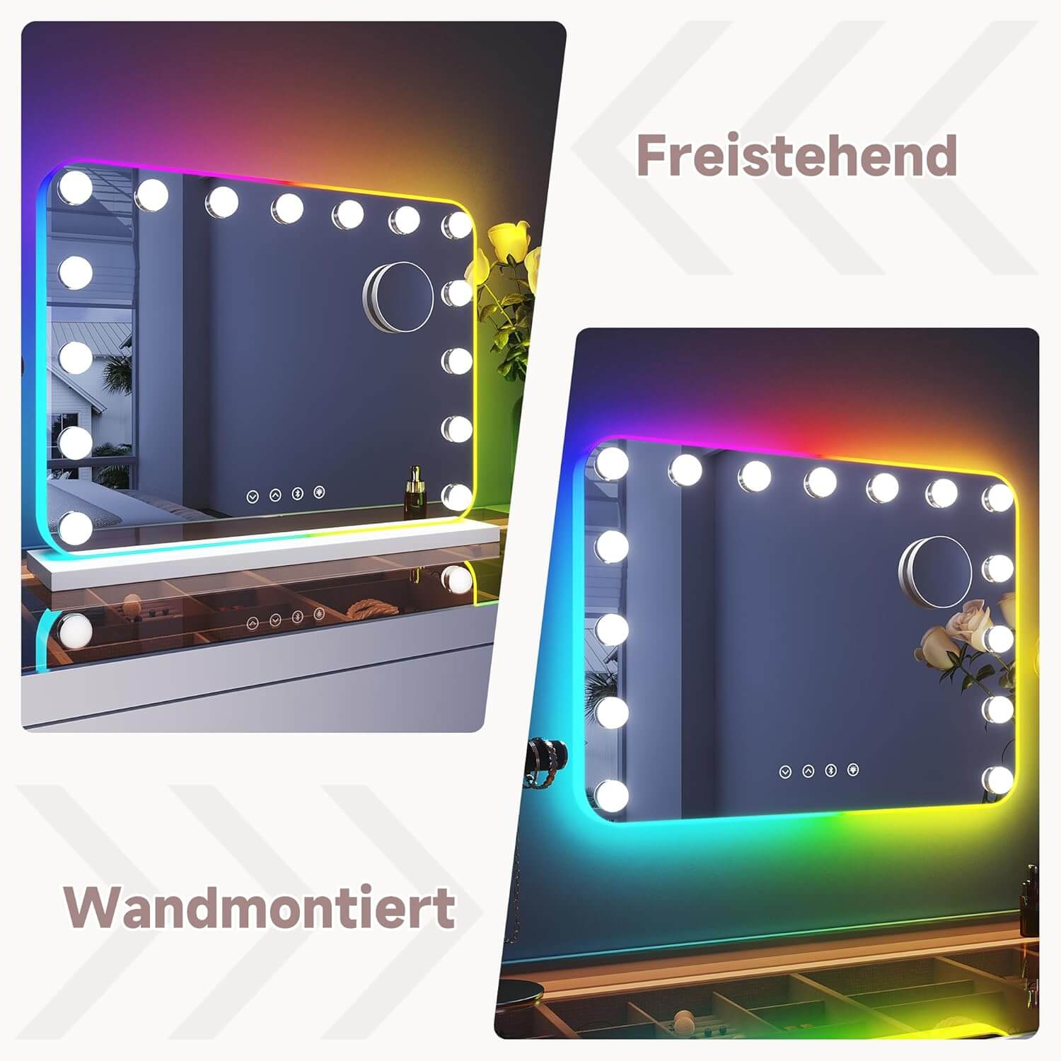 SONNI 58x43cm Hollywood Spiegel mit RGB Beleuchtung Schminkspiegel mit 3 Farbtemperatur Licht und 10X Abnehmbare Lupe, Bluetooth, Wandmontiert oder Freistehend - Sonni Sanitär GmbH