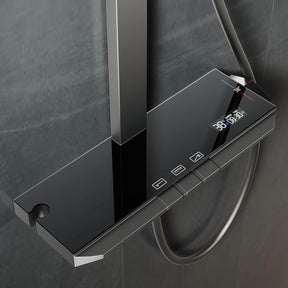 SONNI Duschsystem mit Thermostat (KTW/WRAS) Anthrazit Matt - Digital Temperaturanzeige, 360° Drehbarer Eckiger Kopfbrause (1 Strahlart), Handbrause (3 Strahlarten), Brausestange aus Vierkantrohr, 38°C
