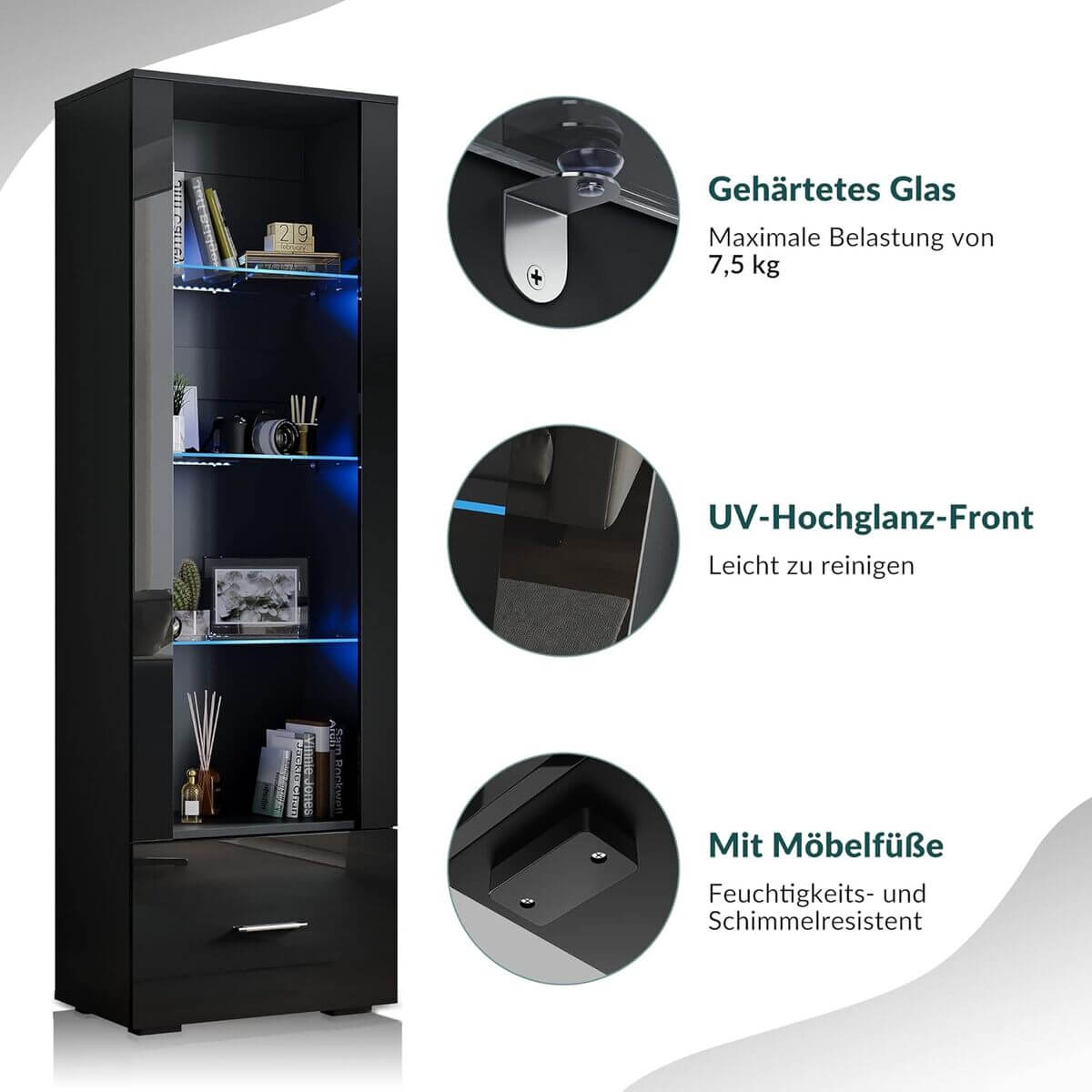 SONNI Vitrine mit LED-Beleuchtung, Glasvitrine mit Schubladen, weiß Hochglanzfront, Sammlervitrine, Vitrinenschrank - Sonni Sanitär GmbH