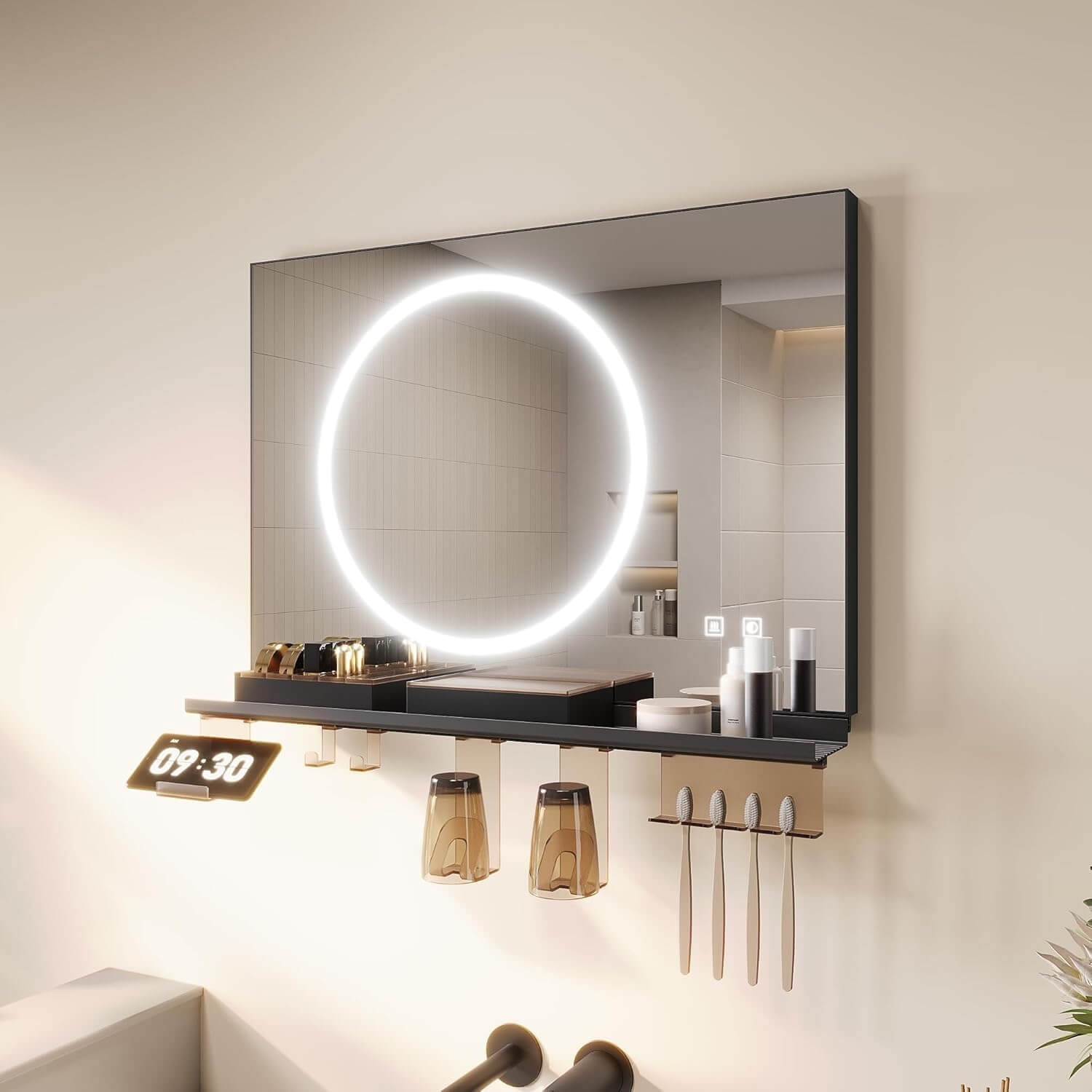 SONNI Badezimmerspiegel mit Beleuchtung 70x50 cm, LED Badspiegel mit Ablage, 3 einstellbare Lichtfarbe + Anti-Beschlag + Touchschalter, Ablage mit Handyhalter + Haken + Zahnbürstenhalter