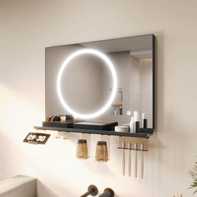 SONNI Badezimmerspiegel mit Beleuchtung 70x50 cm, LED Badspiegel mit Ablage, 3 einstellbare Lichtfarbe + Anti-Beschlag + Touchschalter, Ablage mit Handyhalter + Haken + Zahnbürstenhalter