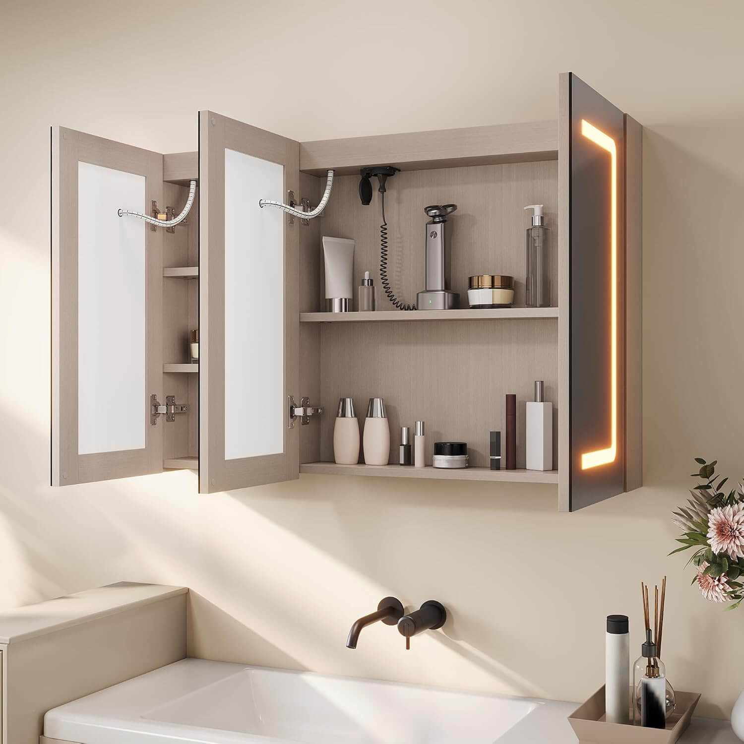 SONNI 3 Türiger Spiegelschrank Bad mit Beleuchtung LED Badezimmer Spiegelschrank mit Anti-Beschlag, Steckdose, 3 Lichtfarben, Dimmbar, Vollständig Montiert