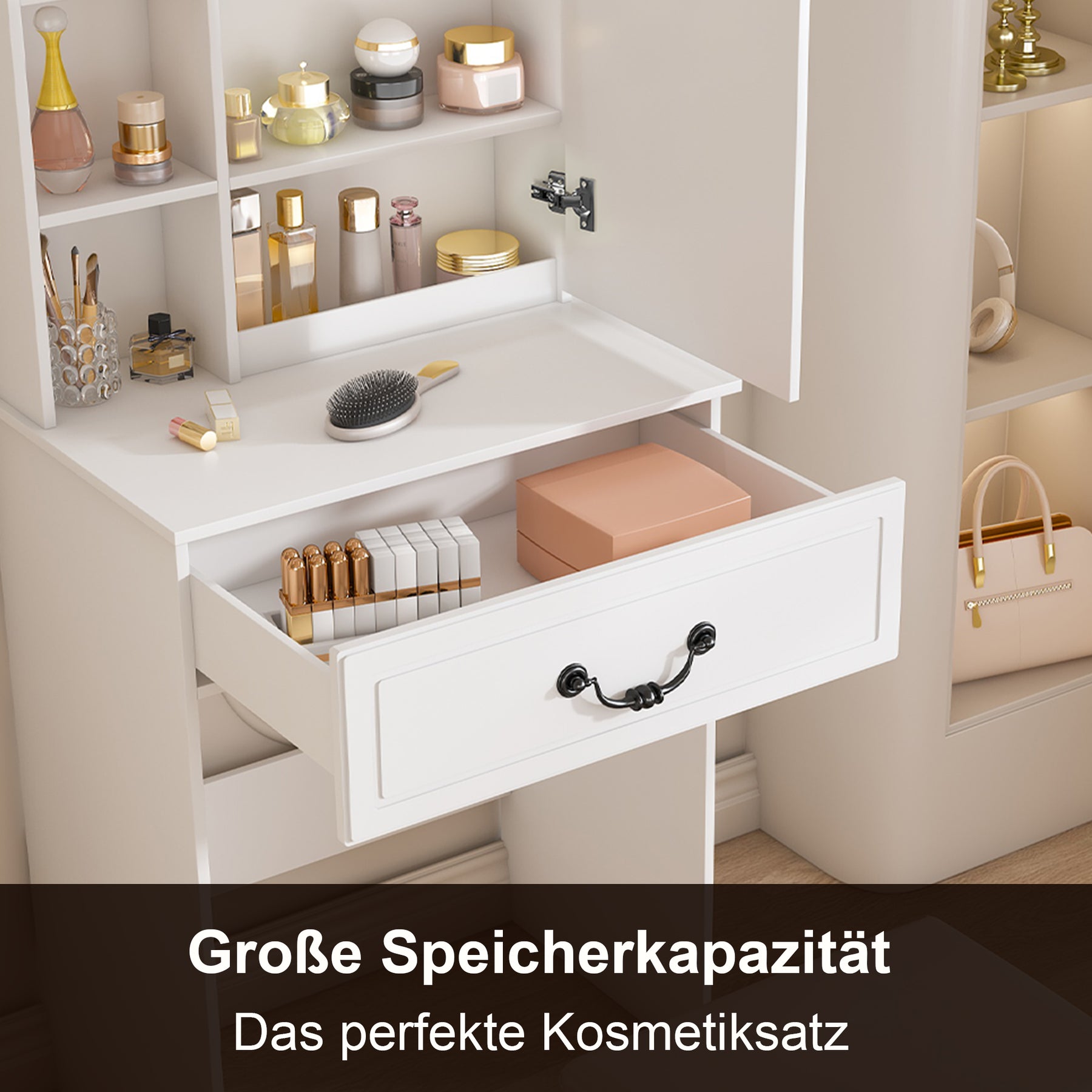 SONNI modernes minimalistisches Schminktisch Set mit dimmbarem LED Spiegel verstecktem Stauraum inkl gepolstertem Hocker Weiß 60× 36×131 cm