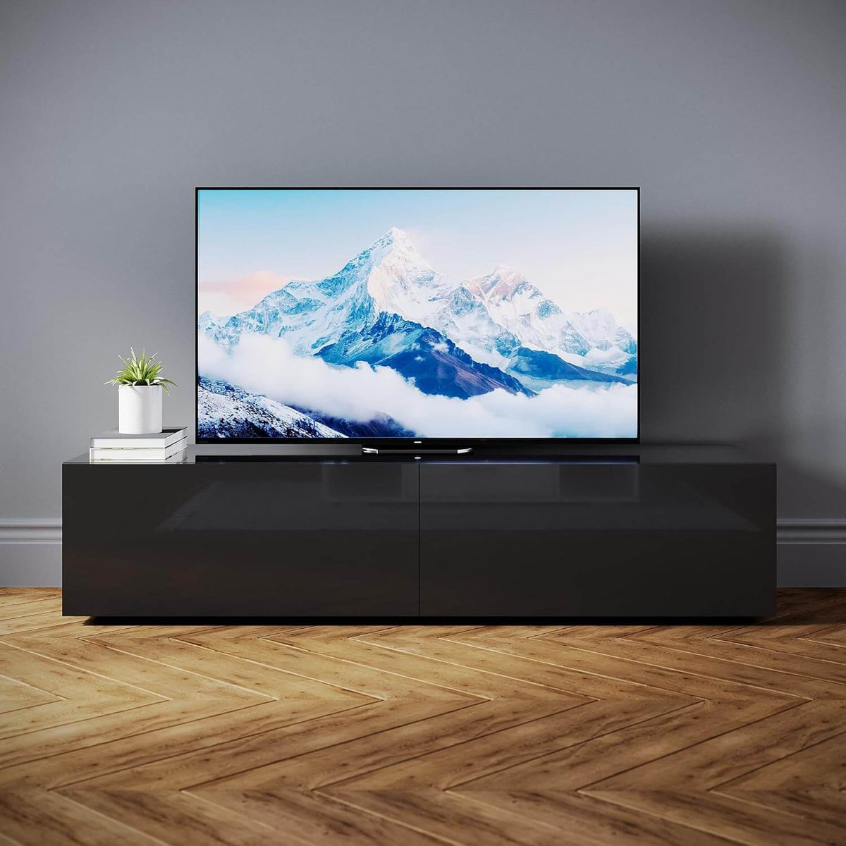 SONNI TV-Schrank Modern 140cm, Lowboard Hochglanz Schwarz Hängend/Stehend, TV-Regal mit 2 Schublade, 2 Türen, Griffloses, Fernsehtisch für Fernseher bis 65 Zoll Wohnzimmer & Schlafzimmer