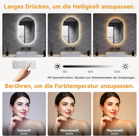 SONNI LED Spiegel  Oval Wandspiegel mit DREI Lichtarten, Antibeschlag, Steckdose und Touch-Schalter, Spiegel Bad mit Beleuchtung Dekorative Wandspiegel Horizontal oder vertikal aufgehängt - Sonni Sanitär GmbH