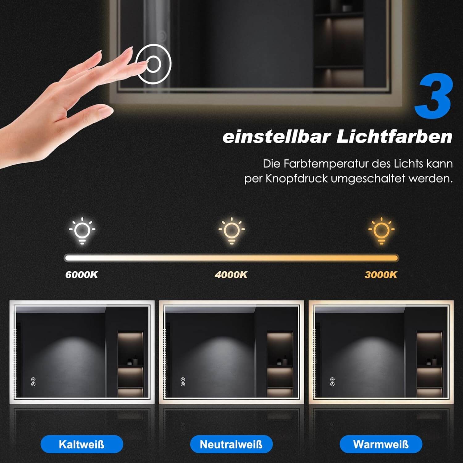 SONNI Badspiegel mit Beleuchtung Touch Badezimmerspiegel 3 Lichtfarben, Anti-Beschlag & Gedächtnisfunktion - Sonni Sanitär GmbH