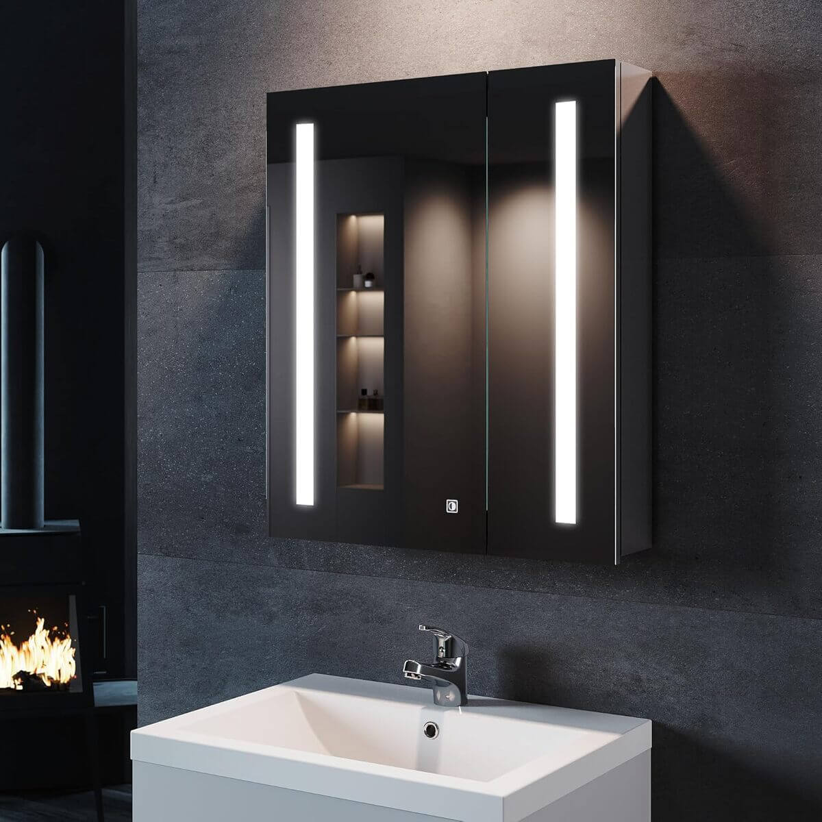sonni bad mit beleuchtung 60 cm breit edelstahl badezimmer-spiegelschrank  mit beleuchtung und steckdose touchschalter kabelloses scharnier design