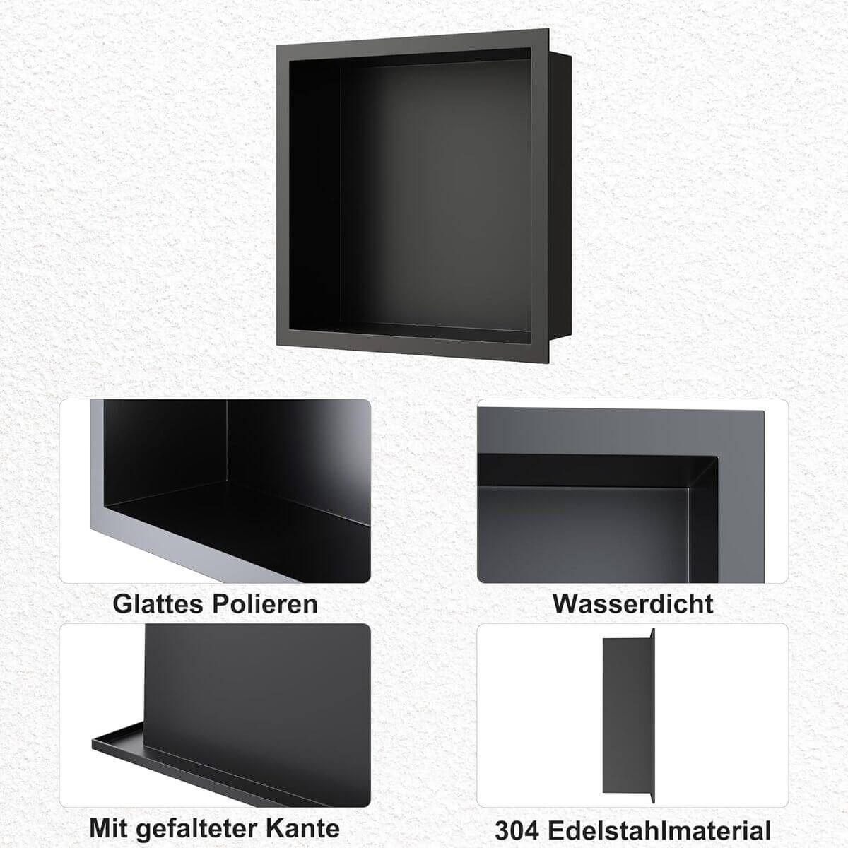 SONNI Wandnische Dusche Edelstahl, eingebettete Duschnische, Einzelregal Lagerung für Badezimmer, Wasserdicht, Keine Fliesen erforderlich Schwarz - Sonni Sanitär GmbH