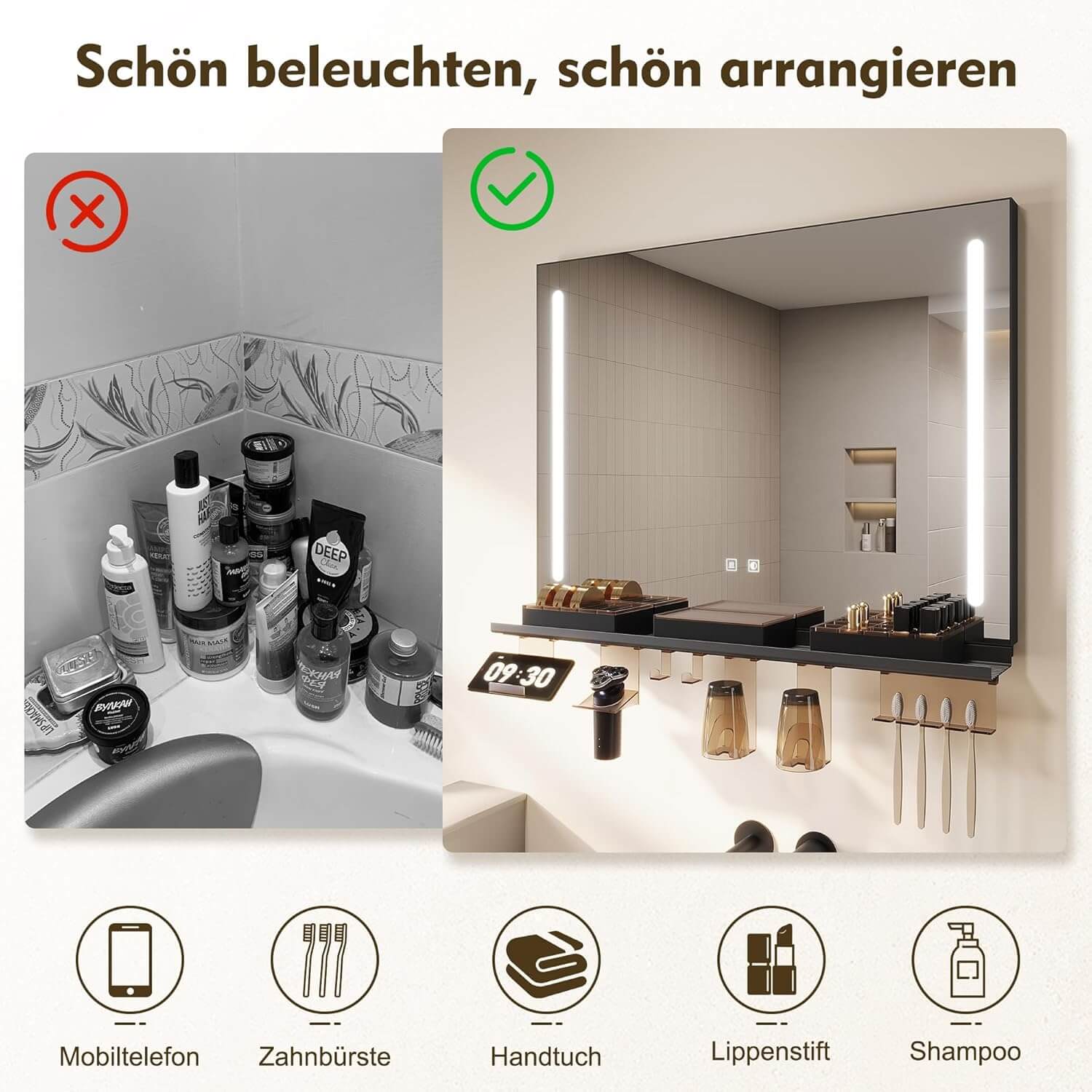 SONNI Badezimmerspiegel mit Beleuchtung 100x60 cm, LED Badspiegel mit Ablage, 3 einstellbare Lichtfarbe, Anti-Beschlag Wandspiegel mit Touchschalter