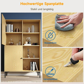 SONNI Vitrinenschrank, Schrank, Bücherschrank, Hochschrank mit 8 Fächern, 2 Türen, 2 höhenverstellbaren Regal für Wohnzimmer, Schlafzimmer, Küche, Esszimmer, Büro, Holzfarbe, 100 x 35 x 160 cm