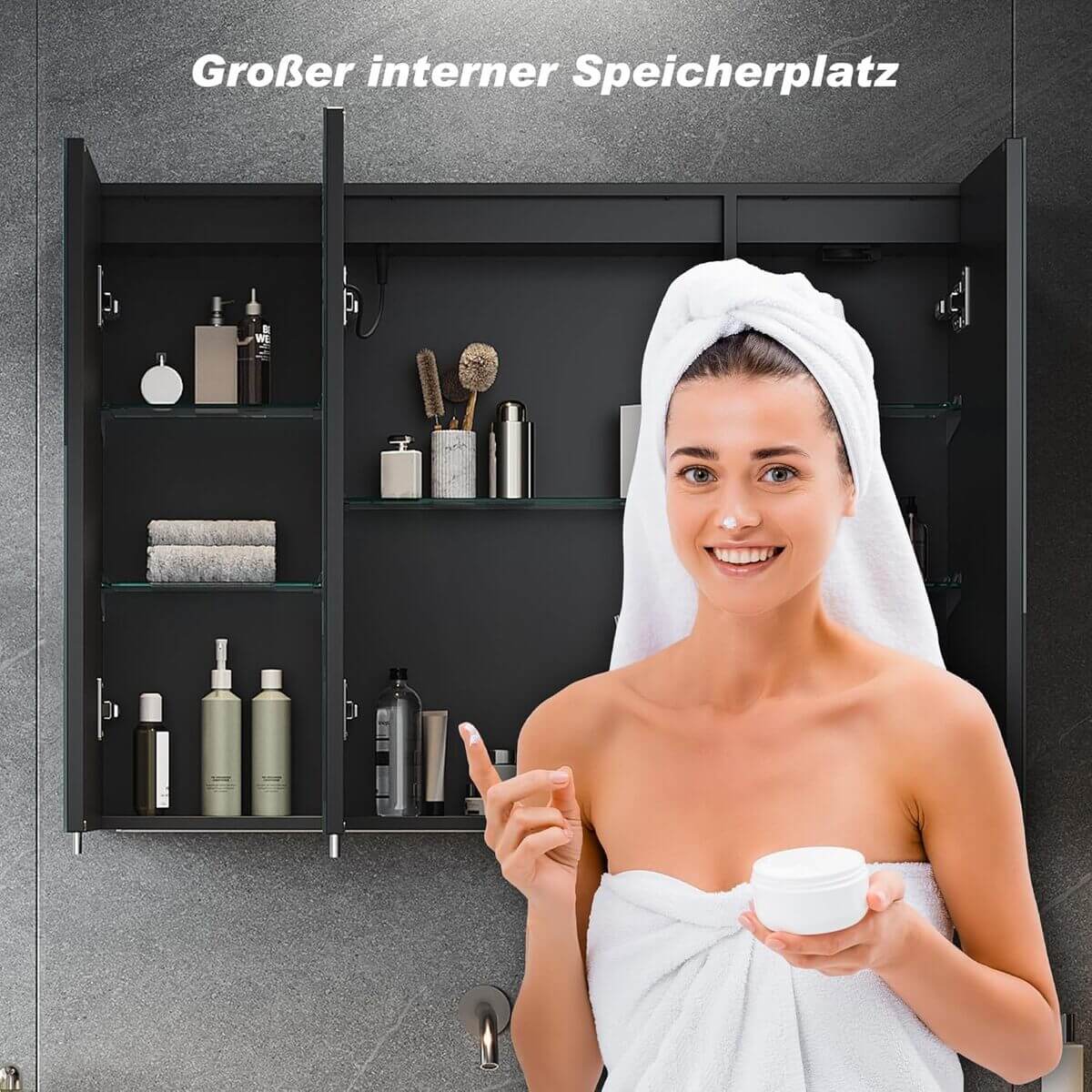 SONNI Spiegelschrank Bad mit Beleuchtung und Steckdose 3 Türiger LED Spiegelschrank mit Touch-Schalter, 3 Einstellbare Lichtfarben Beschlagfrei Badezimmer Medizinschrank 90x65 cm Mattschwarz