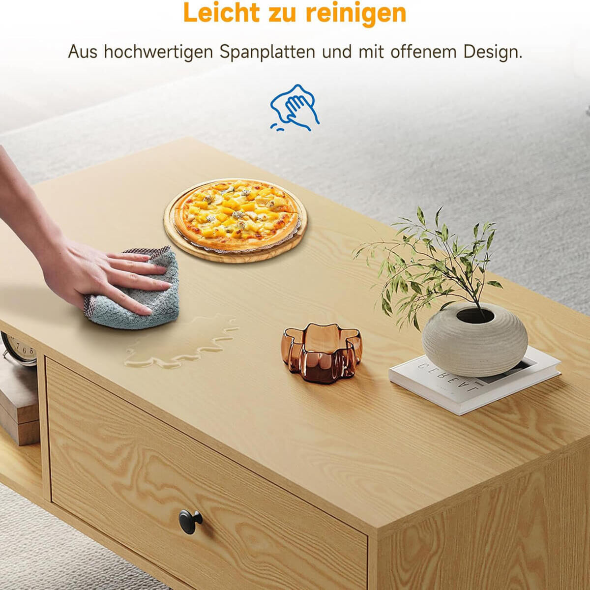 SONNI Couchtisch, Wohnzimmertisch, Kaffeetisch, mit 2 Schublade und 2 offener Fach, modern Holzmöbel für Wohnzimmer, Büro, Schlafzimmer, 100 x 55 x 40 cm, Holzfarbe, Platzsparend, Einfache Montag