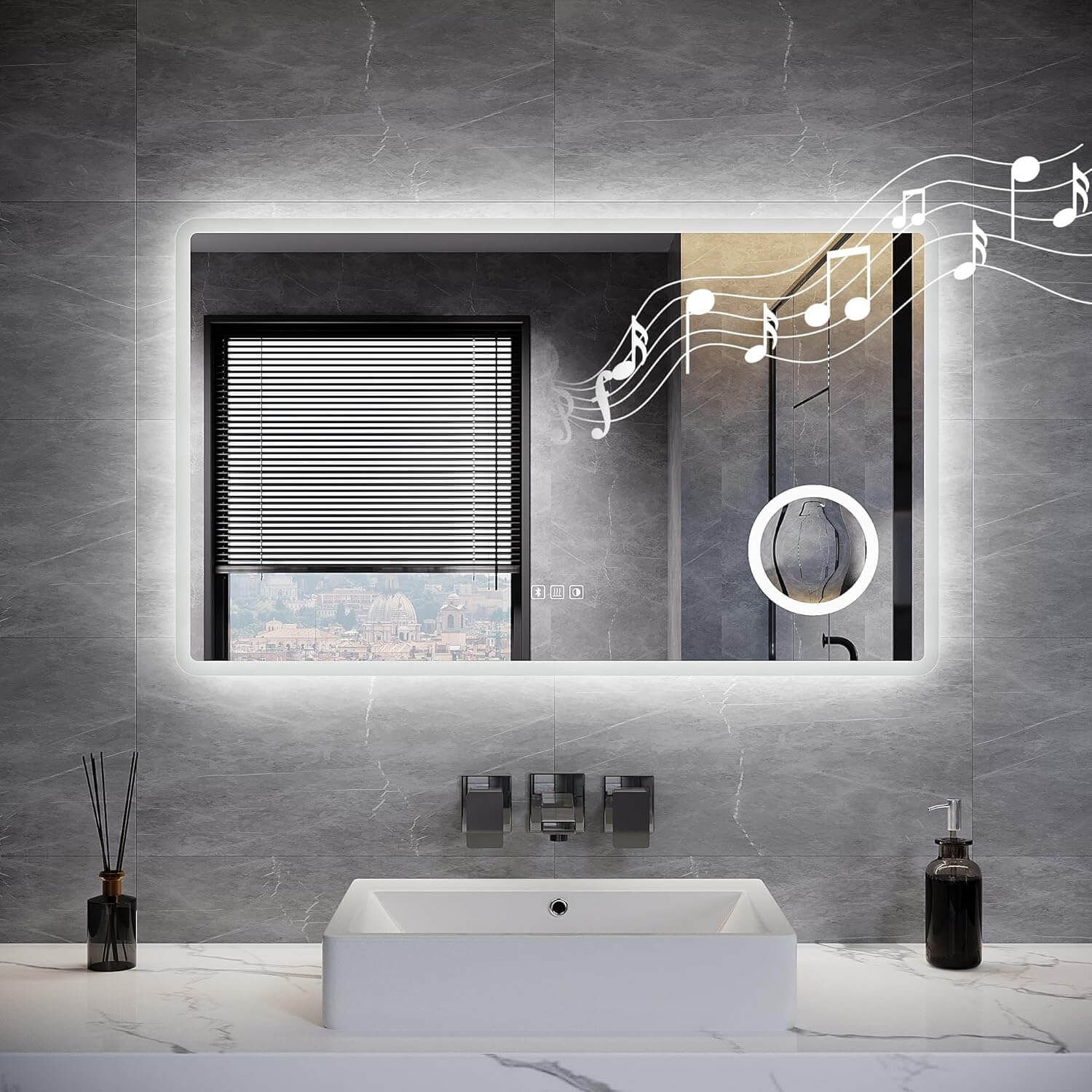 SONNI LED Badspiegel  Wandspiegel Bad mit Beleuchtung, 3 Farbe modi+Stufenlose Dimmung, Steckdose, Bluetooth und 3X Lupe, Kosmetikspiegel mit Anti-Beschlag und Touch-Schalter - Sonni Sanitär GmbH
