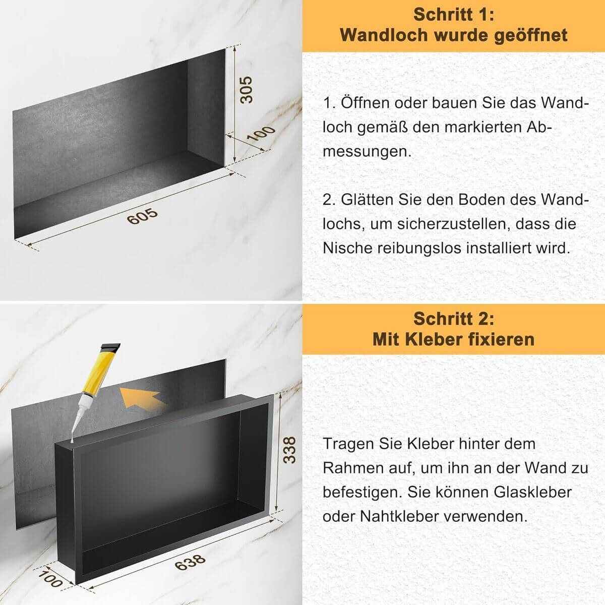 SONNI Wandnische Dusche Edelstahl, eingebettete Duschnische, Einzelregal Lagerung für Badezimmer, Wasserdicht, Keine Fliesen erforderlich Schwarz - Sonni Sanitär GmbH