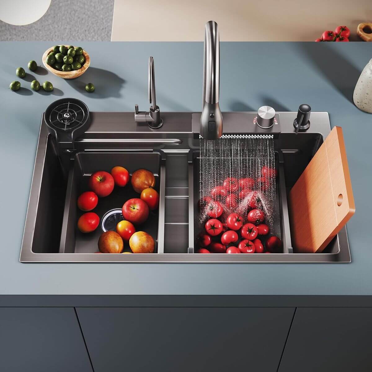 SONNI Spülbecken Einbauspüle Küchenspüle Waschbecken Küche Edelstahl 75/80 x 45 x 23 cm, Waterfall Spüle Küche Schwarz ohne/mit Temperaturanzeige und Abtropffläche - Sonni Sanitär GmbH