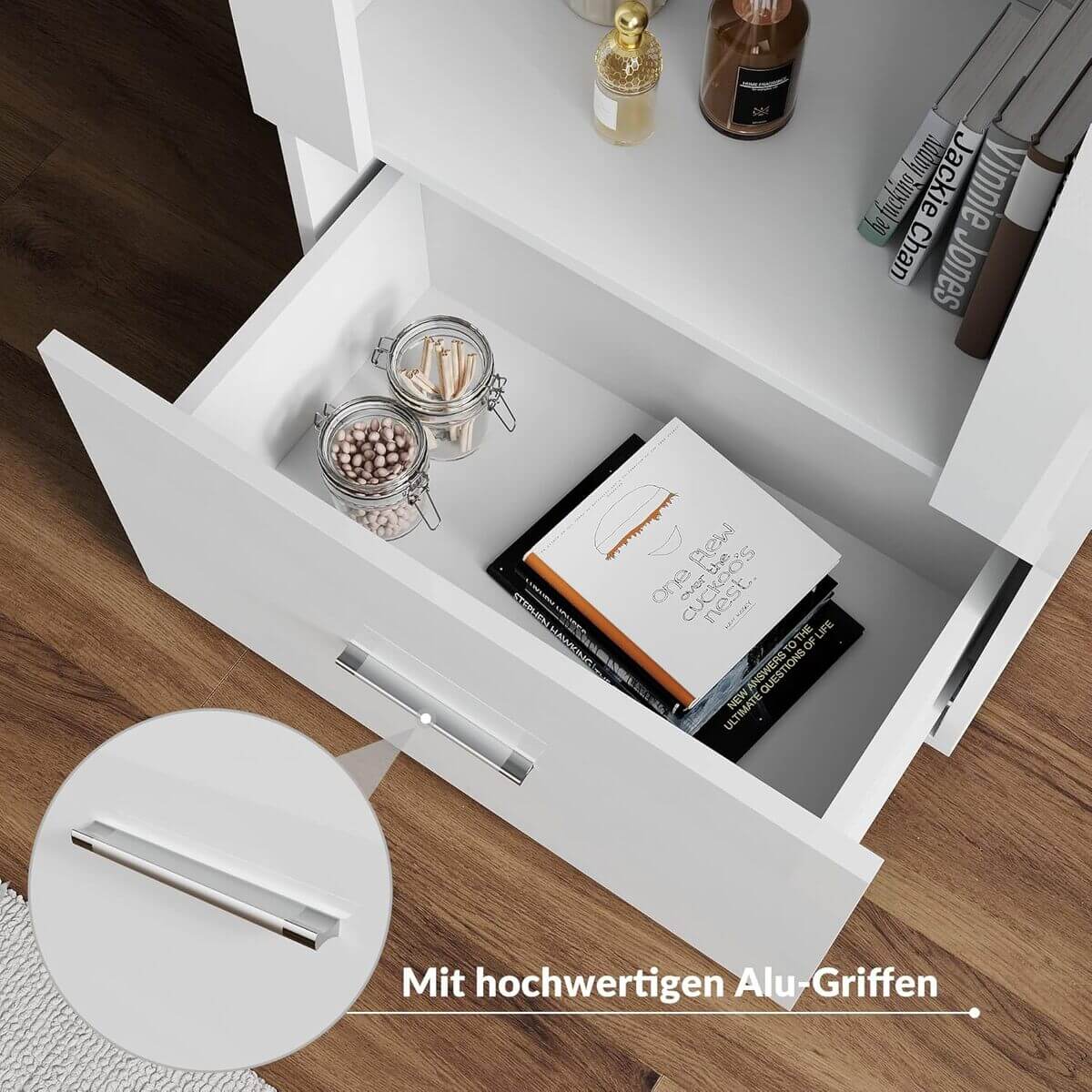 SONNI Vitrine mit LED-Beleuchtung, Glasvitrine mit Schubladen, weiß Hochglanzfront, Sammlervitrine, Vitrinenschrank - Sonni Sanitär GmbH