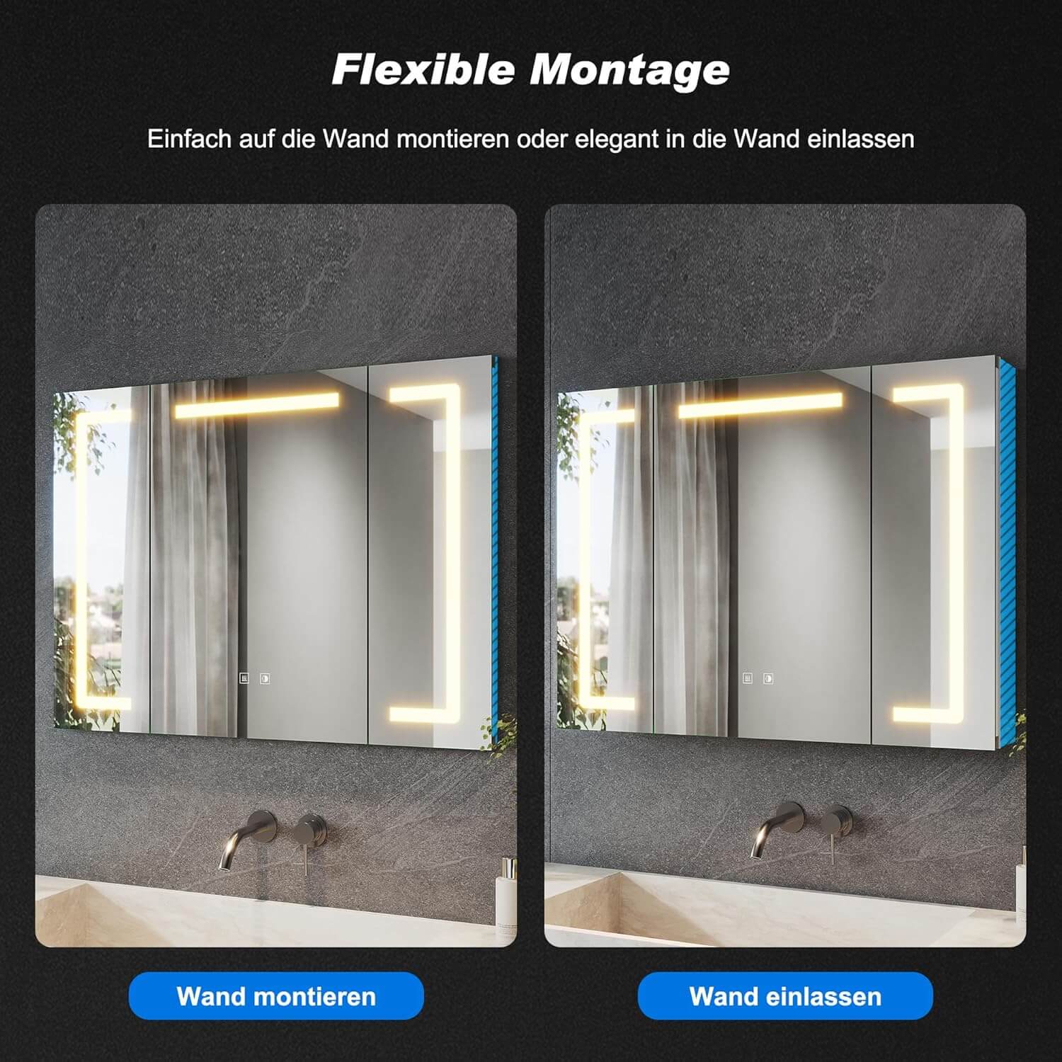 SONNI Spiegelschrank mit Beleuchtung 80x60 cm, 3 Türen LED Spiegelschrank Bad mit Anti-Beschlag, Steckdose, 3 Lichtfarben, Dimmbar, Aluminum, IP44 Wasserciht - Sonni Sanitär GmbH