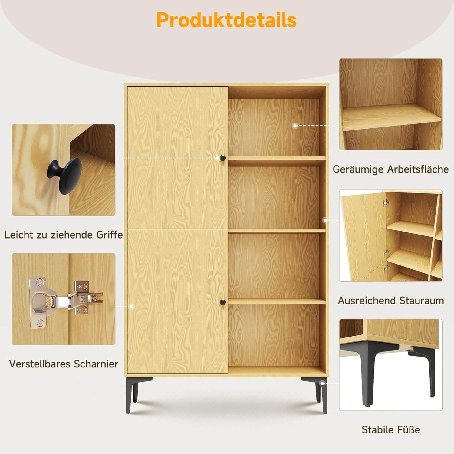 SONNI Vitrinenschrank, Schrank, Bücherschrank, Hochschrank mit 8 Fächern, 2 Türen, 2 höhenverstellbaren Regal für Wohnzimmer, Schlafzimmer, Küche, Esszimmer, Büro, Holzfarbe, 100 x 35 x 160 cm