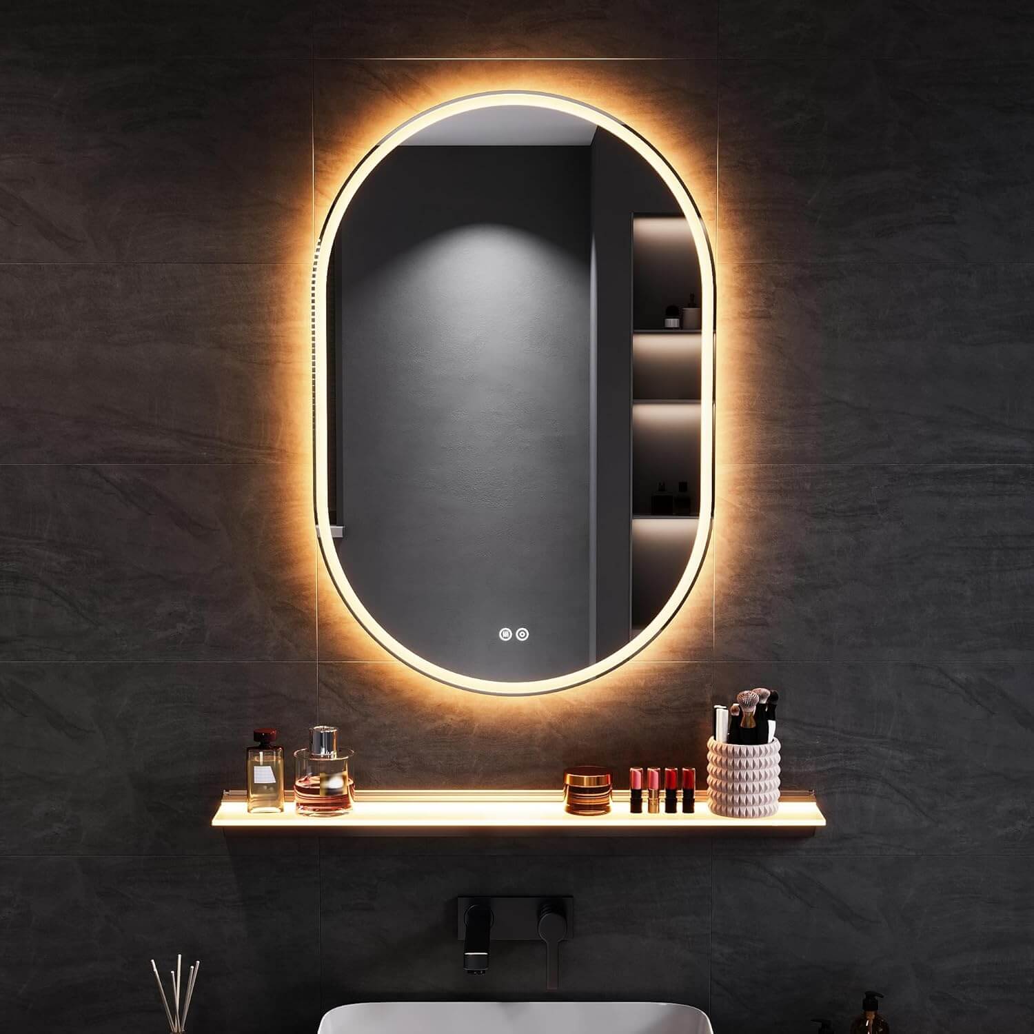 SONNI LED Spiegel  Oval Wandspiegel mit DREI Lichtarten, Antibeschlag, Steckdose und Touch-Schalter, Spiegel Bad mit Beleuchtung Dekorative Wandspiegel Horizontal oder vertikal aufgehängt - Sonni Sanitär GmbH