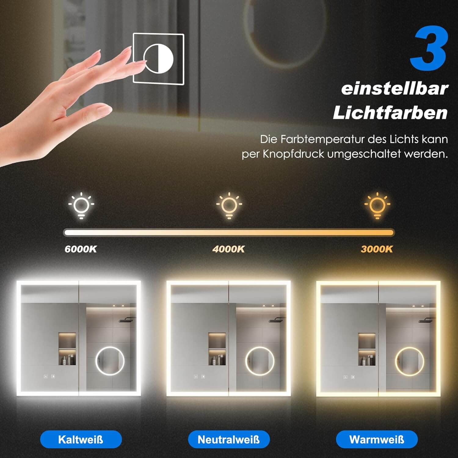 SONNI LED Spiegelschrank Bad mit 3-fache Vergrößerungsspiegel und Steckdose 65 x 60 cm, Aluminum Spiegelschrank mit Touch-Schalter, 3 Lichtfarben + Defogging, IP44 wasserciht - Sonni Sanitär GmbH