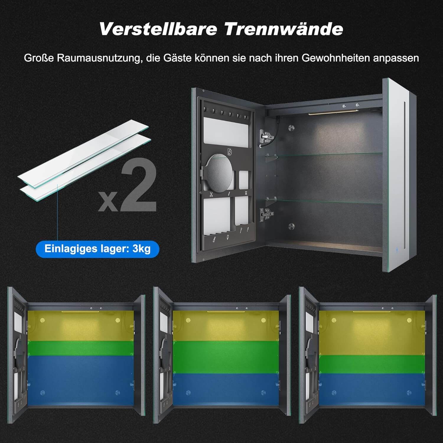 SONNI Spiegelschrank Bad mit Beleuchtung und Make-up Ablage 70x65 cm, Steckdose & 3-fache Vergrößerungsspiegel, 3 Lichtfarben, Dimmbar - Dunkelgrau - Sonni Sanitär GmbH