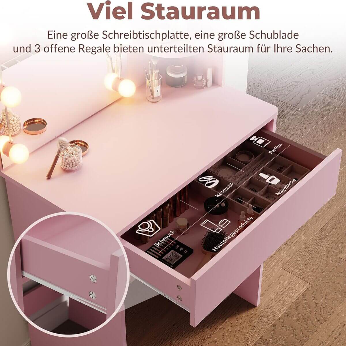 SONNI Schminktisch, Frisiertisch, Kosmetiktisch, mit LED-Beleuchtung Spiegel, a Schubladen und 3 offenen Fächern, 10-Lichtern, 3 Farben, 10 Einstellbarer Helligkeit für Make-up, Rosa, 70x40x140cm