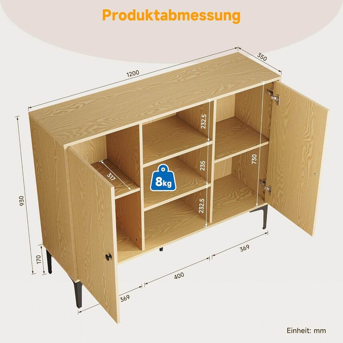 SONNI Sideboard, Küchenschrank, Aufbewahrungsschrank mit 2 Tür, 3 offene Regal, Bauernhaus-Kaffeebarschrank, Mehrzweckschrank, für Wohnzimmer, Küche, Schlafzimmer, Esszimmer, 120x35 x93 cm, Holzfarbe