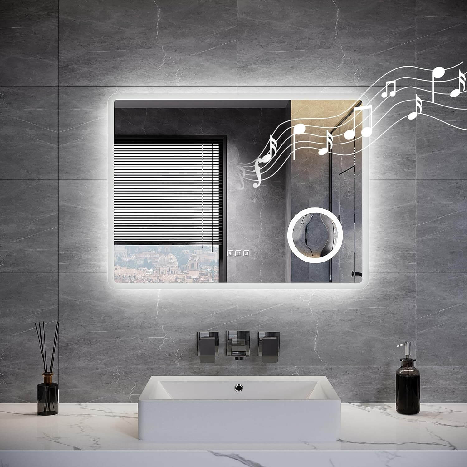 SONNI LED Badspiegel  Wandspiegel Bad mit Beleuchtung, 3 Farbe modi+Stufenlose Dimmung, Steckdose, Bluetooth und 3X Lupe, Kosmetikspiegel mit Anti-Beschlag und Touch-Schalter - Sonni Sanitär GmbH