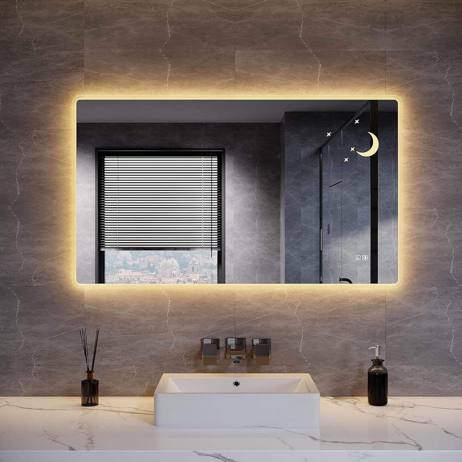 SONNI Badezimmer Spiegel mit Beleuchtung Wandspiegel, Kosmetikspiegel mit modernes Muster, 3 Farbe einstellbar, Steckdose und Antibeschlag, horizontal oder vertikal montierbar - Sonni Sanitär GmbH