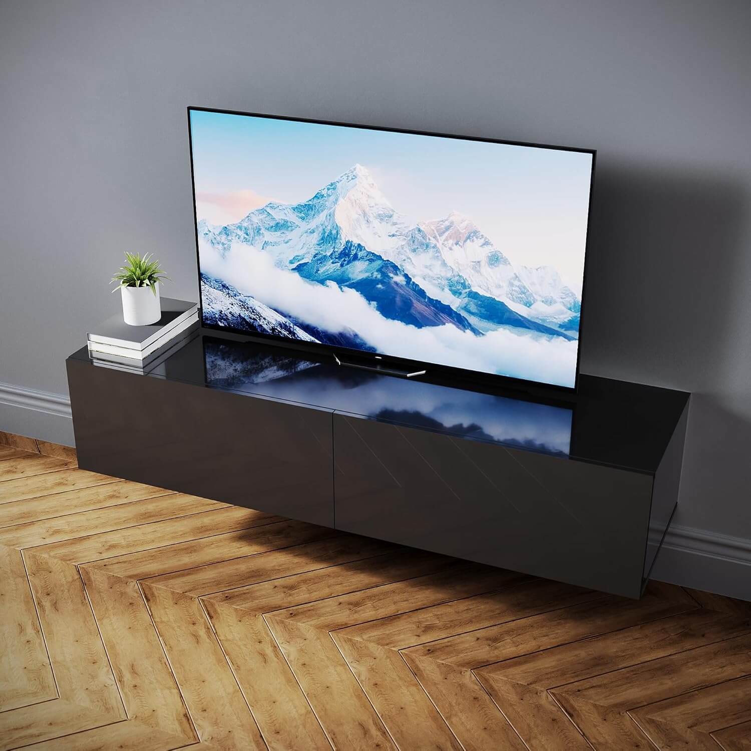 SONNI TV-Schrank Modern 140cm, Lowboard Hochglanz Schwarz Hängend/Stehend, TV-Regal mit 2 Schublade, 2 Türen, Griffloses, Fernsehtisch für Fernseher bis 65 Zoll Wohnzimmer & Schlafzimmer
