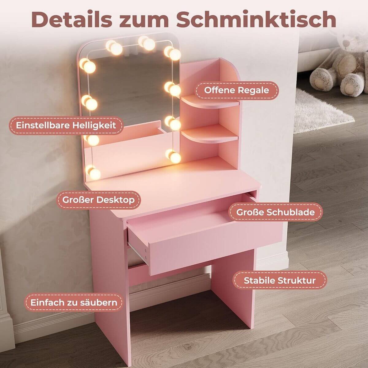 SONNI Schminktisch, Frisiertisch, Kosmetiktisch, mit LED-Beleuchtung Spiegel, a Schubladen und 3 offenen Fächern, 10-Lichtern, 3 Farben, 10 Einstellbarer Helligkeit für Make-up, Rosa, 70x40x140cm